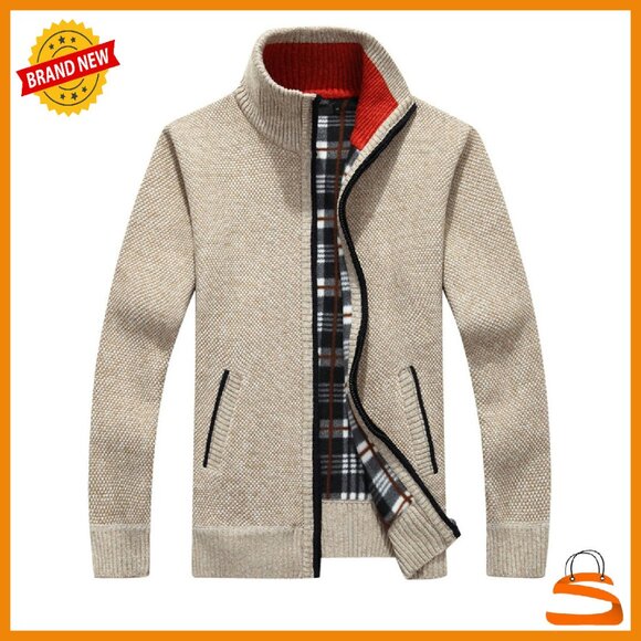 Men's Slim Zip Cardigan Fleece Lined Warm Winter Sweater Jacket
